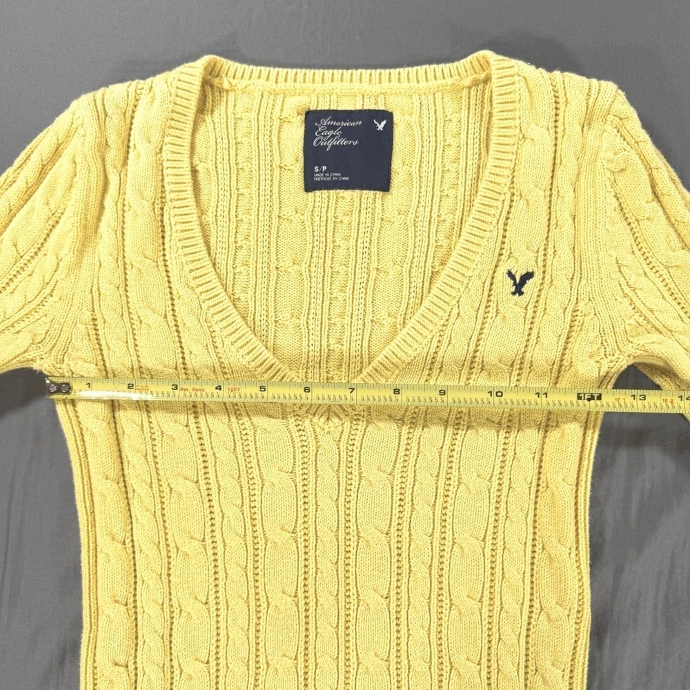 Vintage Y2K Cable Knit Sweater Small American Eagle Light Yellow preppy v neck - Picture 3 of 7